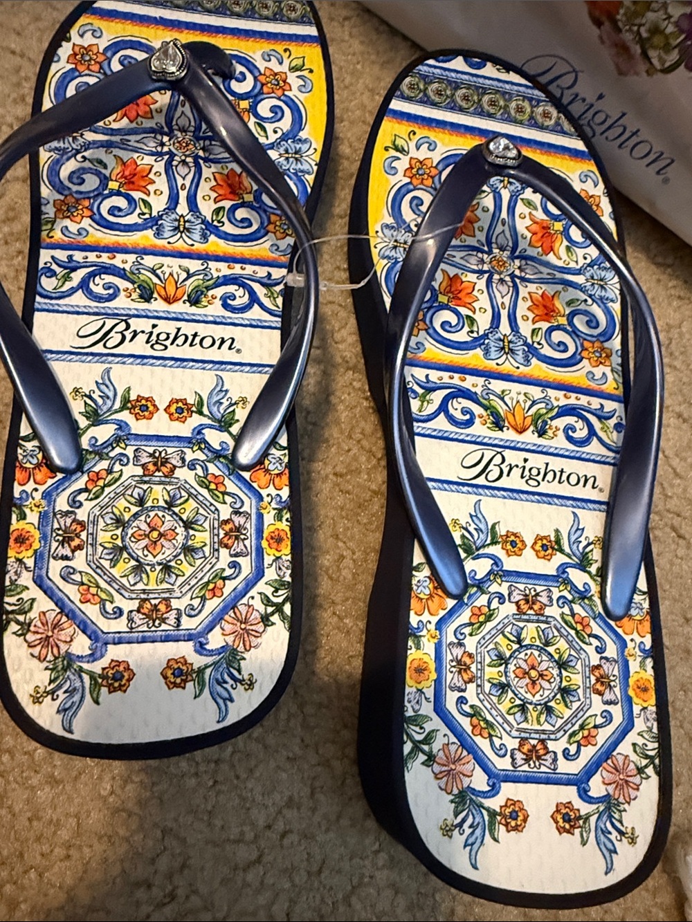 Brighton Navy and Multicolor Tile-Print Flip Flop Sandals - Picture 3 of 5